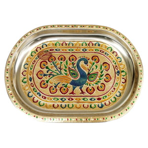 Peacock Designed Stainless Steel Meenakari Decorative Tray - P-2 Golden